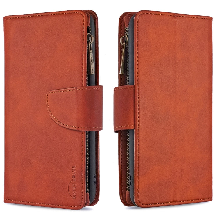 Brown PU leather flip phone wallet with zipper and magnetic closure, card slot.