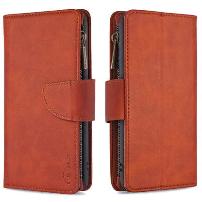Brown PU leather flip phone wallet with zipper and magnetic closure, card slot.