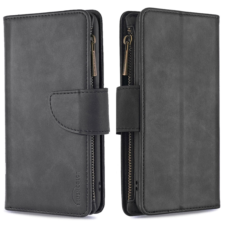 Dark gray PU leather phone wallet case with zipper, magnetic closure and card holder.