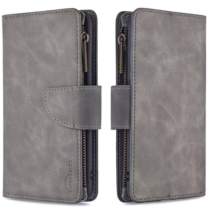 Gray PU leather flip wallet case with magnetic closure, card slots, and front pocket