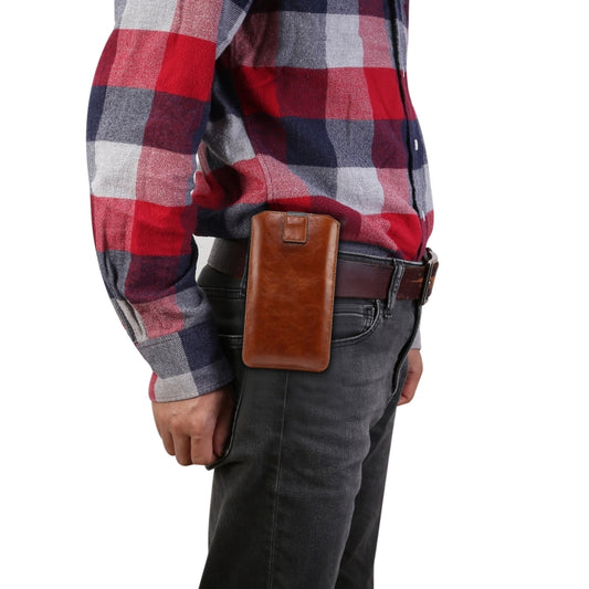 Leather phone waist pouch worn at the waistband with adjustable belt strap