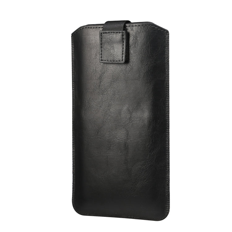 Black leather phone pouch with front snap tab and vertical sleeve shape