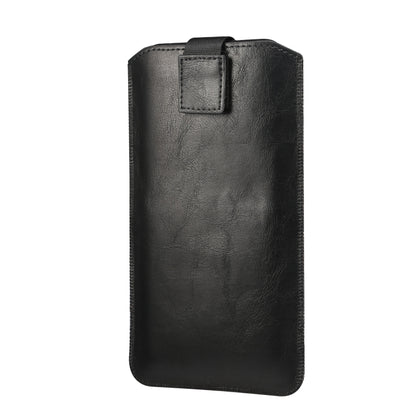 Black leather phone pouch with front snap tab and vertical sleeve shape