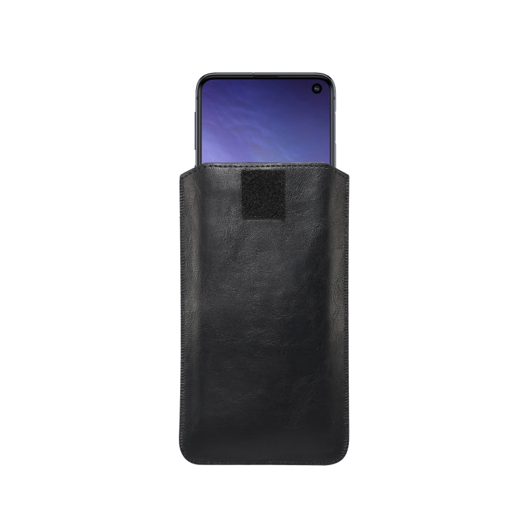 Black leather phone pouch holding a smartphone with the screen facing up