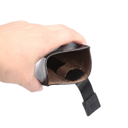 Open black leather phone pouch showing interior lining and top edge