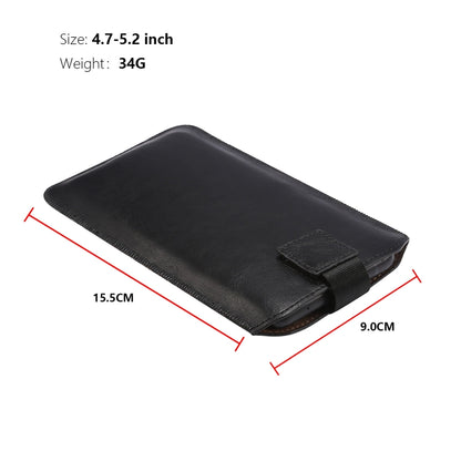 Black leather phone pouch with dimensions labeled 15.5 x 9.0 cm