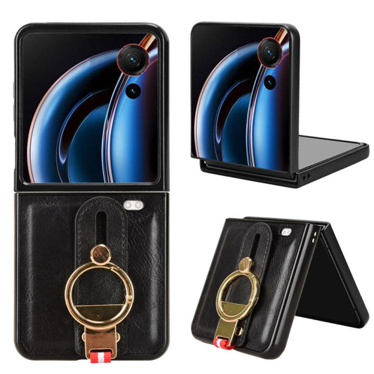 Black leather back phone case with ring holder and wrist strap; kickstand viewing angle
