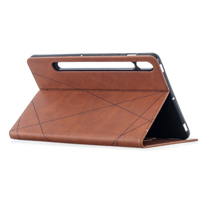 Brown magnetic leather tablet case with diamond pattern in tabletop stand position