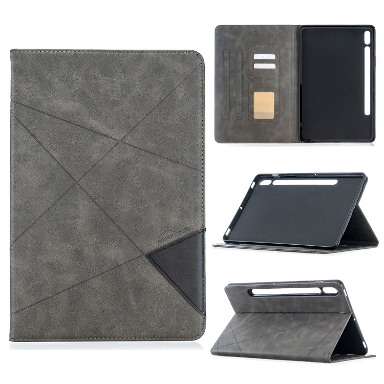 Grey leather tablet case with diamond crosshatch texture, magnetic flip cover, card slots