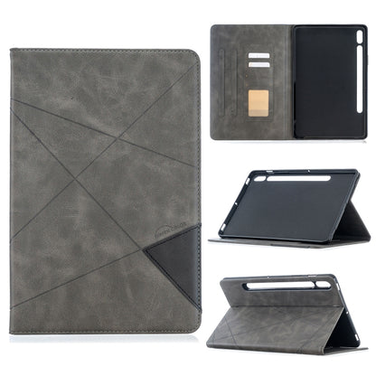 Grey leather tablet case with diamond crosshatch texture, magnetic flip cover, card slots