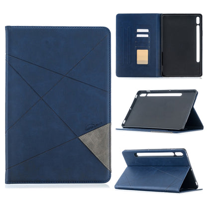 Dark blue leather tablet case with diamond crosshatch texture, magnetic flip cover, card slots