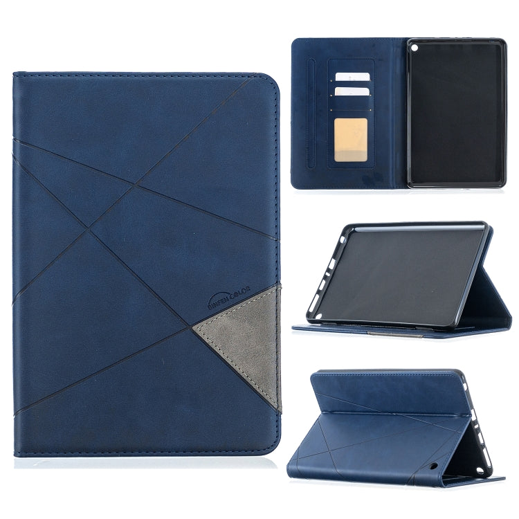 Blue leather tablet case with diamond crosshatch texture, magnetic flip stand, card slots