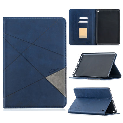 Blue leather tablet case with diamond crosshatch texture, magnetic flip stand, card slots