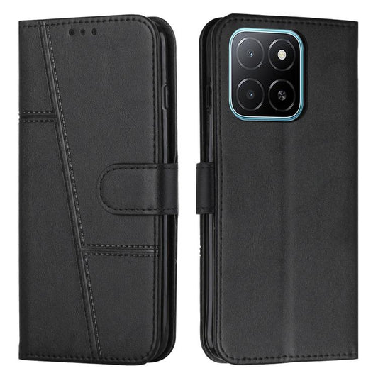 Black leather-style phone case with buckle strap and stitched texture, dual view