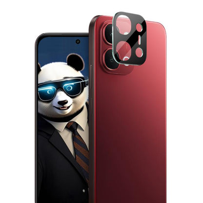 iMAK integrated glass lens film, black frame on a red smartphone back