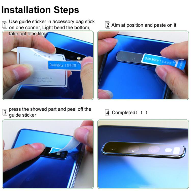 Installation guide showing placement steps for integrated glass lens film on a phone