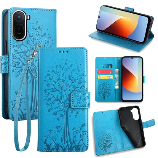 Blue tree-and-deer embossed leather phone wallet case with wrist strap and flap