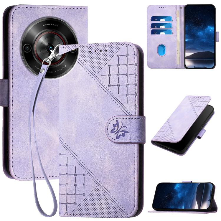 Grid Butterfly Embossed Pattern Leather Phone Case with Lanyard, For ZTE Blade A35e 4G, For ZTE Blade A35e Brazil, For ZTE Blade A35e Global, For ZTE nubia Music 2, For ZTE nubia S 5G A403ZT, For ZTE Blade V70 Design, For ZTE Blade A35 Lite            ...