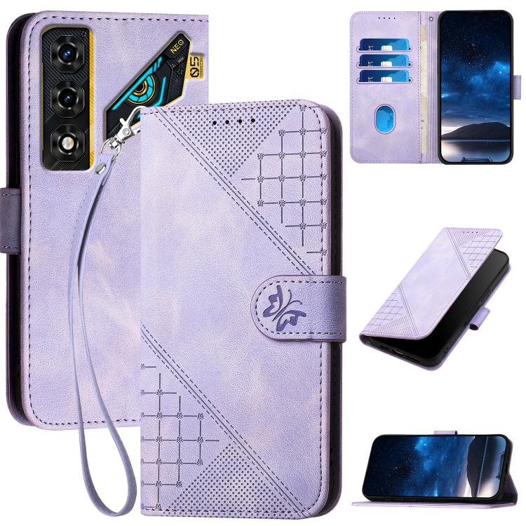 Grid Butterfly Embossed Pattern Leather Phone Case with Lanyard, For ZTE nubia Air Pro 5G, For ZTE nubia Neo 5 Pro 5G, For ZTE nubia Neo 5 5G, For ZTE nubia Neo 5 GT 5G, For ZTE Blade V80 Vita, For ZTE nubia V80 Max, For ZTE Blade A56 Pro              ...