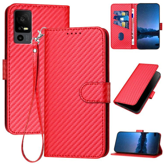 Red carbon fiber leather phone case with buckle, flip cover, and wrist lanyard