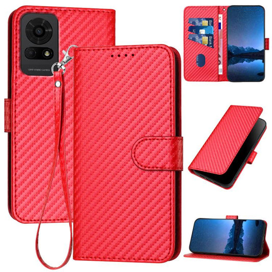 Red leather phone case with carbon-fiber texture, wrist lanyard, and flip cover.