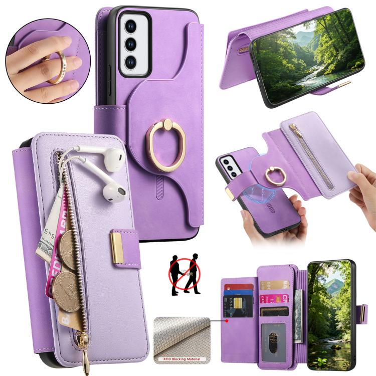 Ring Zipper Wallet RFID Blocking MagSafe Leather Phone Case, For OPPO A6 Global / A6s / A6c / A6t Pro, For OPPO K15 Pro+, For OPPO K15 Pro 5G, For OPPO K12s / K13x / K13, For OPPO Reno13 F, For OPPO Find X8, For OPPO A3 Pro Global / A80 5G             ...
