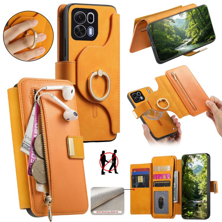 Ring Zipper Wallet RFID Blocking MagSafe Leather Phone Case, For OPPO A6 Global / A6s / A6c / A6t Pro, For OPPO K15 Pro+, For OPPO K15 Pro 5G, For OPPO K12s / K13x / K13, For OPPO Reno13 F, For OPPO Find X8, For OPPO A3 Pro Global / A80 5G             ...