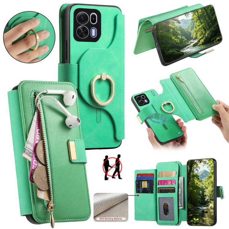 Ring Zipper Wallet RFID Blocking MagSafe Leather Phone Case, For OPPO A6 Global / A6s / A6c / A6t Pro, For OPPO K15 Pro+, For OPPO K15 Pro 5G, For OPPO K12s / K13x / K13, For OPPO Reno13 F, For OPPO Find X8, For OPPO A3 Pro Global / A80 5G             ...