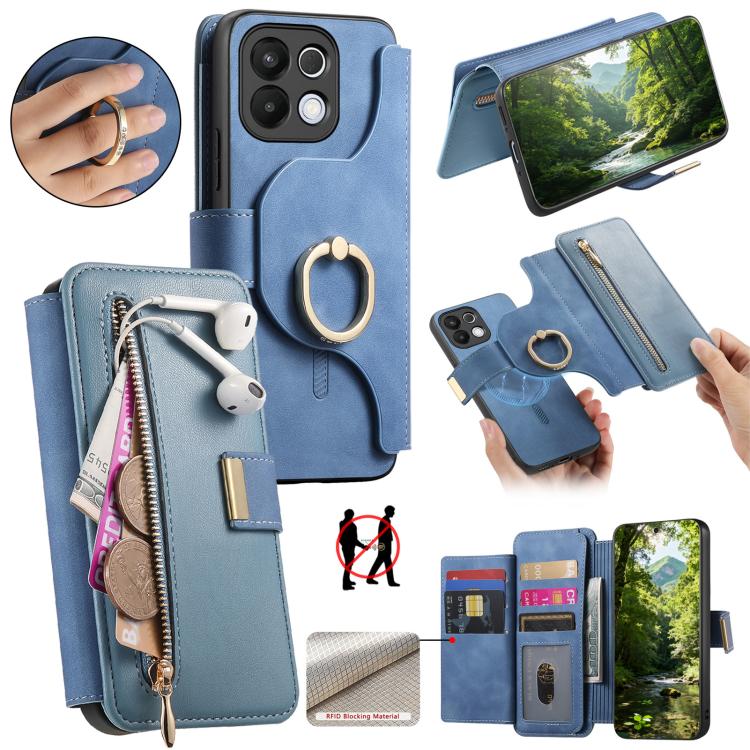 Ring Zipper Wallet RFID Blocking MagSafe Leather Phone Case, For OPPO A6 Global / A6s / A6c / A6t Pro, For OPPO K15 Pro+, For OPPO K15 Pro 5G, For OPPO K12s / K13x / K13, For OPPO Reno13 F, For OPPO Find X8, For OPPO A3 Pro Global / A80 5G             ...