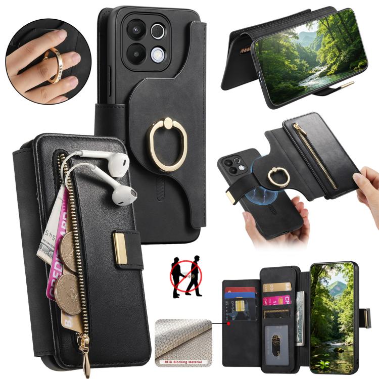 Ring Zipper Wallet RFID Blocking MagSafe Leather Phone Case, For OPPO A6 Global / A6s / A6c / A6t Pro, For OPPO K15 Pro+, For OPPO K15 Pro 5G, For OPPO K12s / K13x / K13, For OPPO Reno13 F, For OPPO Find X8, For OPPO A3 Pro Global / A80 5G             ...