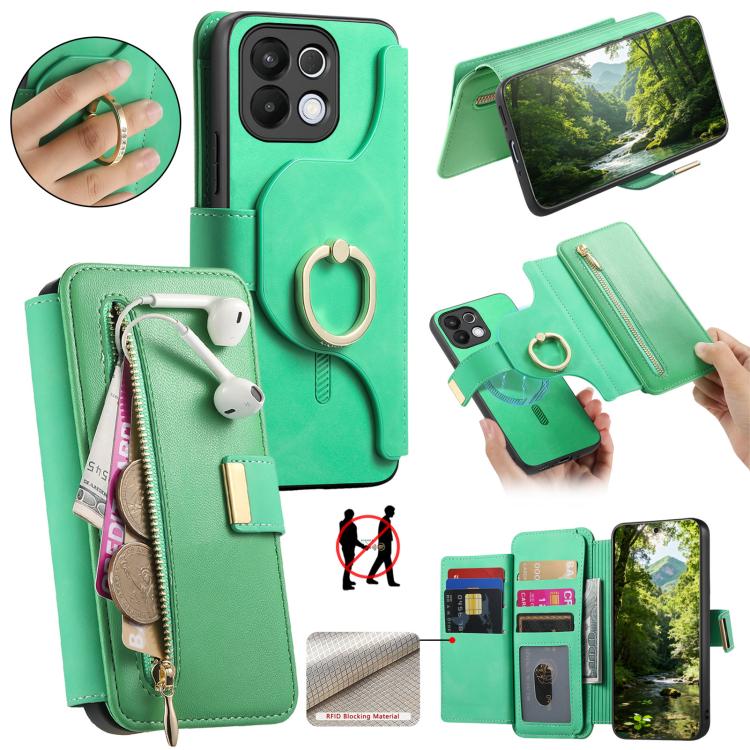 Ring Zipper Wallet RFID Blocking MagSafe Leather Phone Case, For OPPO A6 Global / A6s / A6c / A6t Pro, For OPPO K15 Pro+, For OPPO K15 Pro 5G, For OPPO K12s / K13x / K13, For OPPO Reno13 F, For OPPO Find X8, For OPPO A3 Pro Global / A80 5G             ...