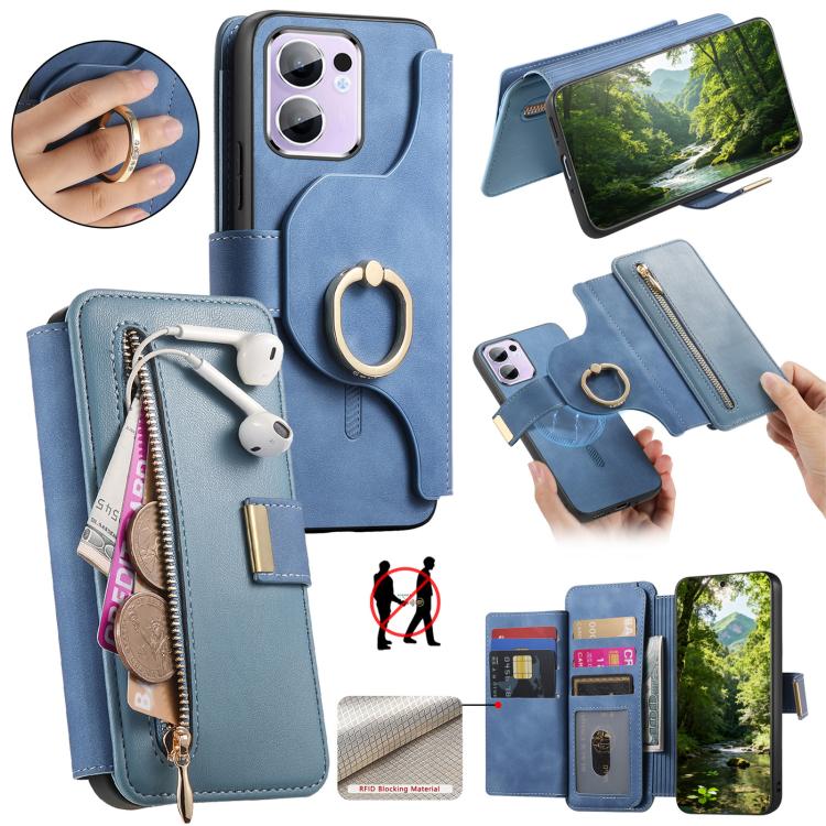 Ring Zipper Wallet RFID Blocking MagSafe Leather Phone Case, For OPPO A6 Global / A6s / A6c / A6t Pro, For OPPO K15 Pro+, For OPPO K15 Pro 5G, For OPPO K12s / K13x / K13, For OPPO Reno13 F, For OPPO Find X8, For OPPO A3 Pro Global / A80 5G             ...