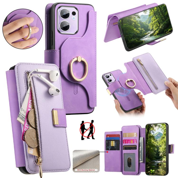 Ring Zipper Wallet RFID Blocking MagSafe Leather Phone Case, For OPPO A6 Global / A6s / A6c / A6t Pro, For OPPO K15 Pro+, For OPPO K15 Pro 5G, For OPPO K12s / K13x / K13, For OPPO Reno13 F, For OPPO Find X8, For OPPO A3 Pro Global / A80 5G             ...