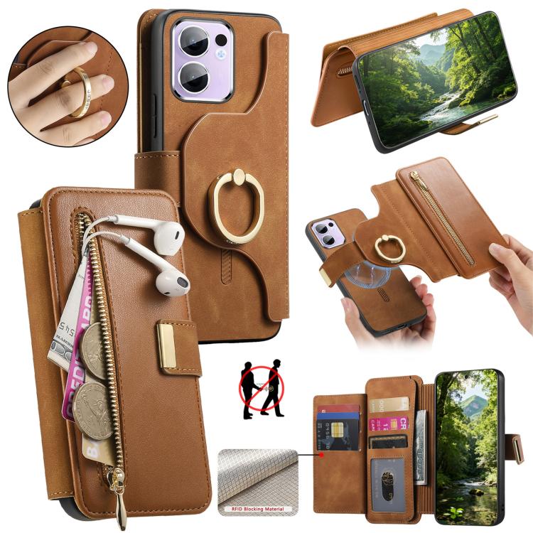Ring Zipper Wallet RFID Blocking MagSafe Leather Phone Case, For OPPO A6 Global / A6s / A6c / A6t Pro, For OPPO K15 Pro+, For OPPO K15 Pro 5G, For OPPO K12s / K13x / K13, For OPPO Reno13 F, For OPPO Find X8, For OPPO A3 Pro Global / A80 5G             ...