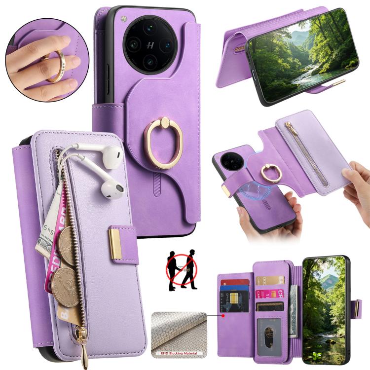 Ring Zipper Wallet RFID Blocking MagSafe Leather Phone Case, For OPPO A6 Global / A6s / A6c / A6t Pro, For OPPO K15 Pro+, For OPPO K15 Pro 5G, For OPPO K12s / K13x / K13, For OPPO Reno13 F, For OPPO Find X8, For OPPO A3 Pro Global / A80 5G             ...