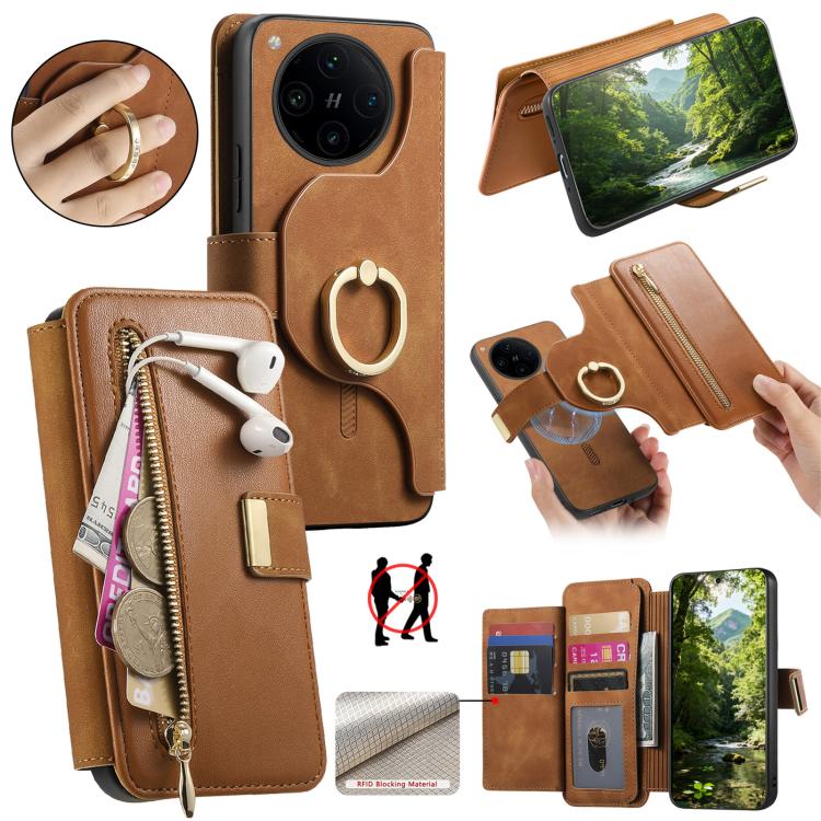 Ring Zipper Wallet RFID Blocking MagSafe Leather Phone Case, For OPPO A6 Global / A6s / A6c / A6t Pro, For OPPO K15 Pro+, For OPPO K15 Pro 5G, For OPPO K12s / K13x / K13, For OPPO Reno13 F, For OPPO Find X8, For OPPO A3 Pro Global / A80 5G             ...