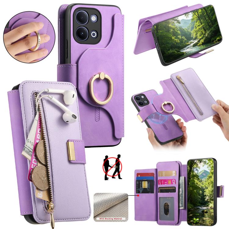 Ring Zipper Wallet RFID Blocking MagSafe Leather Phone Case, For vivo Y60 5G / Y05 4G / Y21 5G / Y11d 5G, For vivo V70 FE 5G, For vivo S50 / V70 / V70 Elite 5G, For vivo Y500i 5G, For vivo V60 Lite 4G / 5G, For vivo V60 5G, For vivo S18e 5G