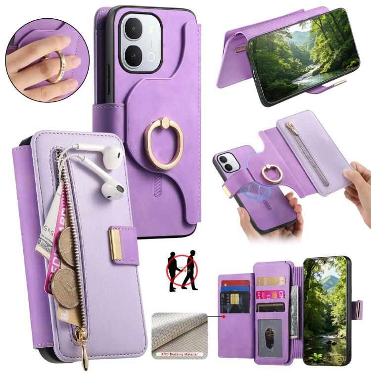 Ring Zipper Wallet RFID Blocking MagSafe Leather Phone Case, For vivo Y60 5G / Y05 4G / Y21 5G / Y11d 5G, For vivo V70 FE 5G, For vivo S50 / V70 / V70 Elite 5G, For vivo Y500i 5G, For vivo V60 Lite 4G / 5G, For vivo V60 5G, For vivo S18e 5G