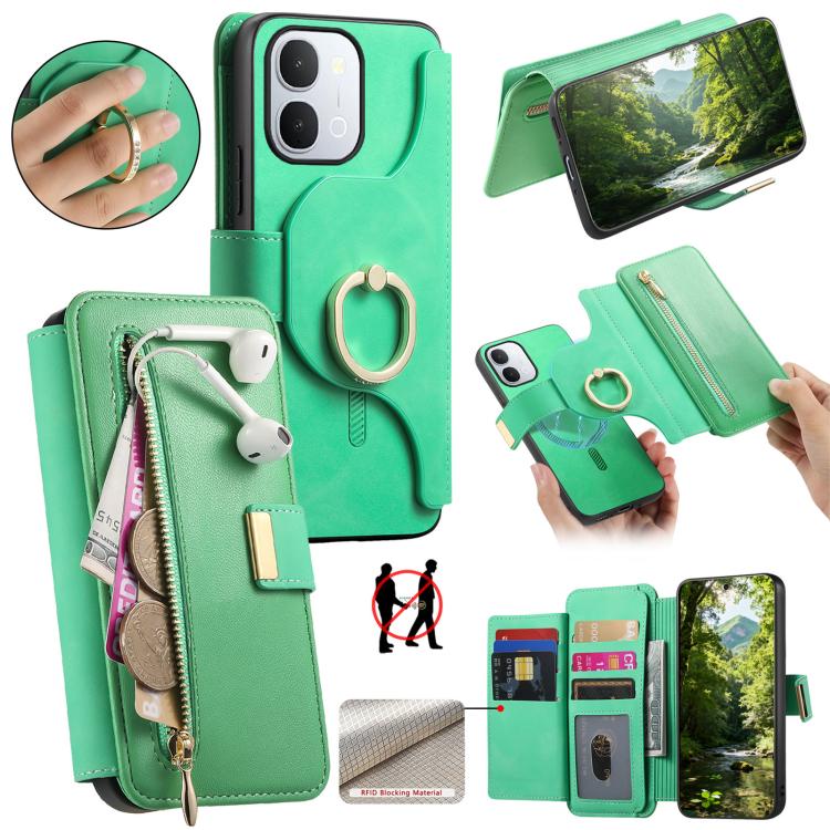 Ring Zipper Wallet RFID Blocking MagSafe Leather Phone Case, For vivo Y60 5G / Y05 4G / Y21 5G / Y11d 5G, For vivo V70 FE 5G, For vivo S50 / V70 / V70 Elite 5G, For vivo Y500i 5G, For vivo V60 Lite 4G / 5G, For vivo V60 5G, For vivo S18e 5G