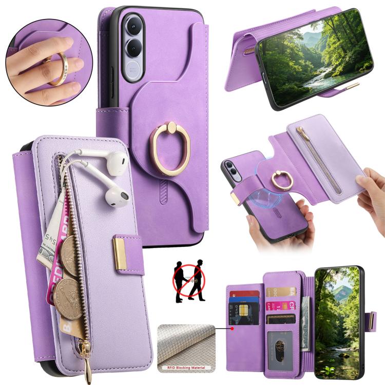 Ring Zipper Wallet RFID Blocking MagSafe Leather Phone Case, For vivo Y60 5G / Y05 4G / Y21 5G / Y11d 5G, For vivo V70 FE 5G, For vivo S50 / V70 / V70 Elite 5G, For vivo Y500i 5G, For vivo V60 Lite 4G / 5G, For vivo V60 5G, For vivo S18e 5G