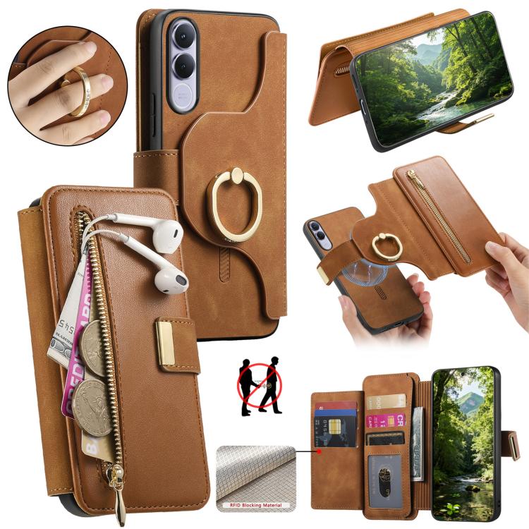 Ring Zipper Wallet RFID Blocking MagSafe Leather Phone Case, For vivo Y60 5G / Y05 4G / Y21 5G / Y11d 5G, For vivo V70 FE 5G, For vivo S50 / V70 / V70 Elite 5G, For vivo Y500i 5G, For vivo V60 Lite 4G / 5G, For vivo V60 5G, For vivo S18e 5G