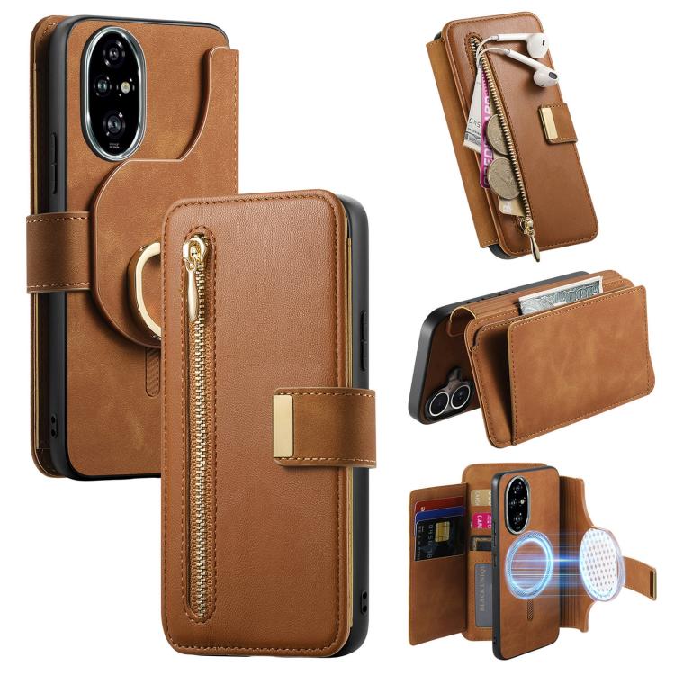 Ring Zipper Wallet RFID Blocking MagSafe Leather Phone Case, For Honor Play 80 Plus 5G, For Honor 600 Lite Global, For Honor 200 Pro, For Honor Play7T 5G