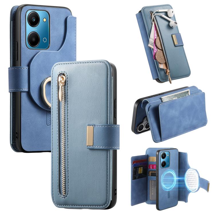 Ring Zipper Wallet RFID Blocking MagSafe Leather Phone Case, For Honor Play 80 Plus 5G, For Honor 600 Lite Global, For Honor 200 Pro, For Honor Play7T 5G