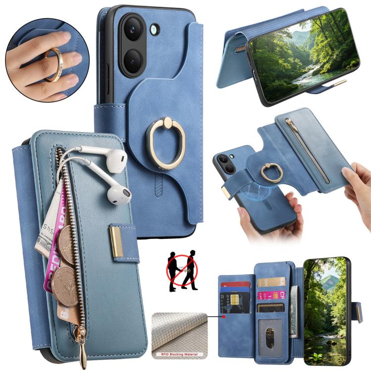 Ring Zipper Wallet RFID Blocking MagSafe Leather Phone Case, For Honor Play 80 Plus 5G, For Honor 600 Lite Global, For Honor 200 Pro, For Honor Play7T 5G