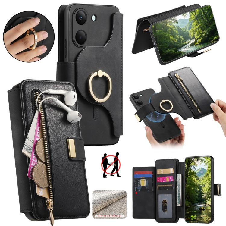 Ring Zipper Wallet RFID Blocking MagSafe Leather Phone Case, For Honor Play 80 Plus 5G, For Honor 600 Lite Global, For Honor 200 Pro, For Honor Play7T 5G