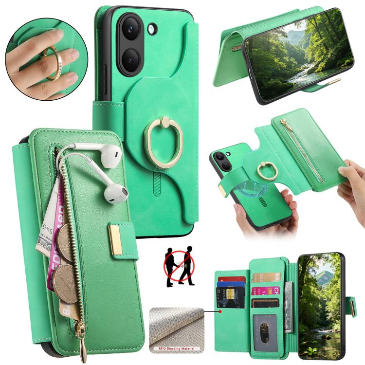 Ring Zipper Wallet RFID Blocking MagSafe Leather Phone Case, For Honor Play 80 Plus 5G, For Honor 600 Lite Global, For Honor 200 Pro, For Honor Play7T 5G