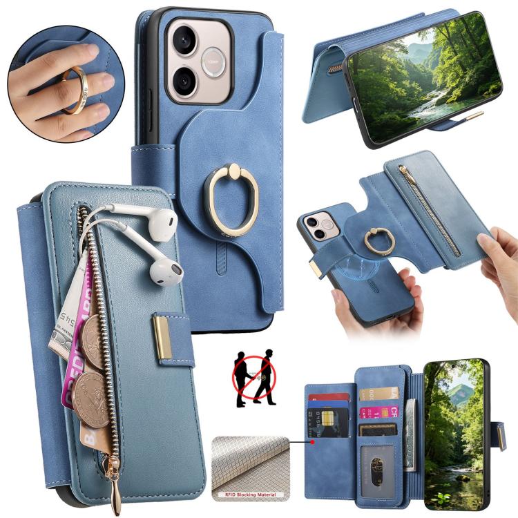 Ring Zipper Wallet RFID Blocking MagSafe Leather Phone Case, For Honor Play 80 Plus 5G, For Honor 600 Lite Global, For Honor 200 Pro, For Honor Play7T 5G