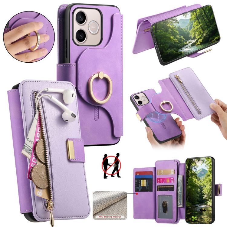 Ring Zipper Wallet RFID Blocking MagSafe Leather Phone Case, For Honor Play 80 Plus 5G, For Honor 600 Lite Global, For Honor 200 Pro, For Honor Play7T 5G