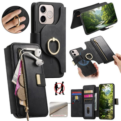 Ring Zipper Wallet RFID Blocking MagSafe Leather Phone Case, For Honor Play 80 Plus 5G, For Honor 600 Lite Global, For Honor 200 Pro, For Honor Play7T 5G