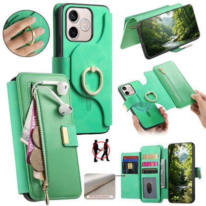 Ring Zipper Wallet RFID Blocking MagSafe Leather Phone Case, For Honor Play 80 Plus 5G, For Honor 600 Lite Global, For Honor 200 Pro, For Honor Play7T 5G